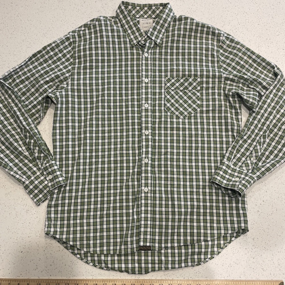 Billy Reid Button Up Shirt Men's XL Blue Green Plaid Standard Cut‎ Long Sleeve